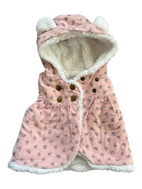 🛍️3 for $25🛍️ Baby Girls Pink Floral Hooded Vest 3-6M Sherpa Lined Bear Ears